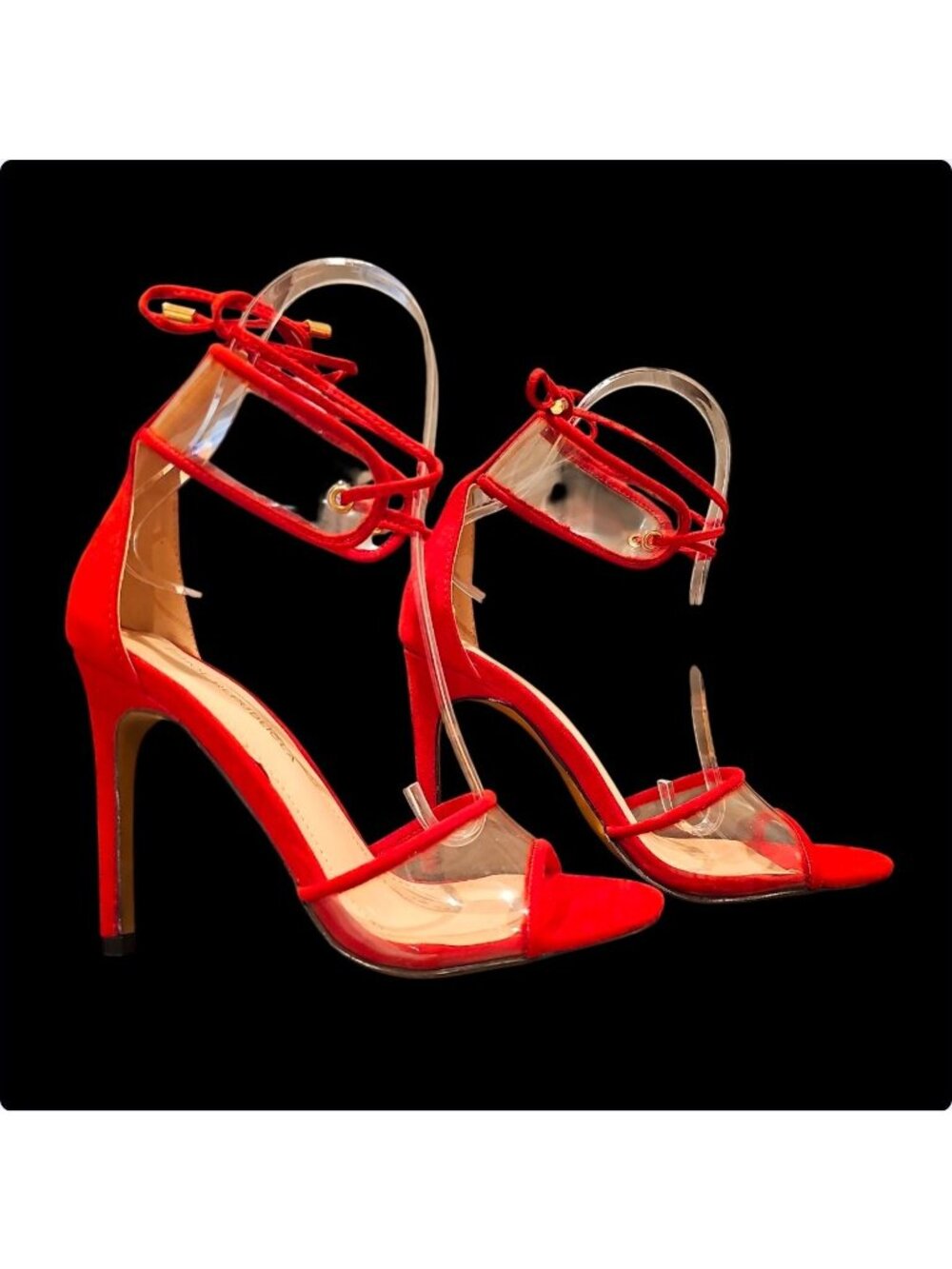 Strappy Red High Heels With Clear PVC Accents & Lace-Up Ankle Straps Stilettos